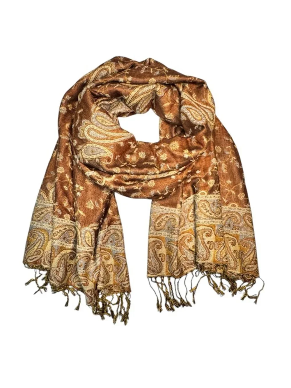 New Large Paisley Scarf Wrap Pashmina Brown Cream Fringe Classic